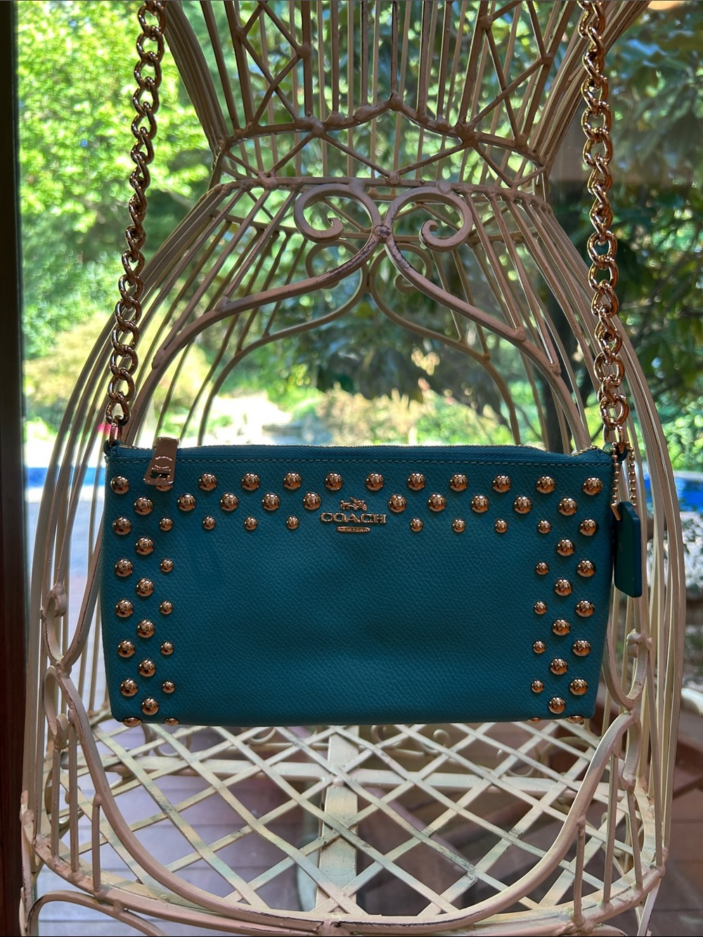 Coach Teal Leather Studded Crossbody Bag with Gold Chain
